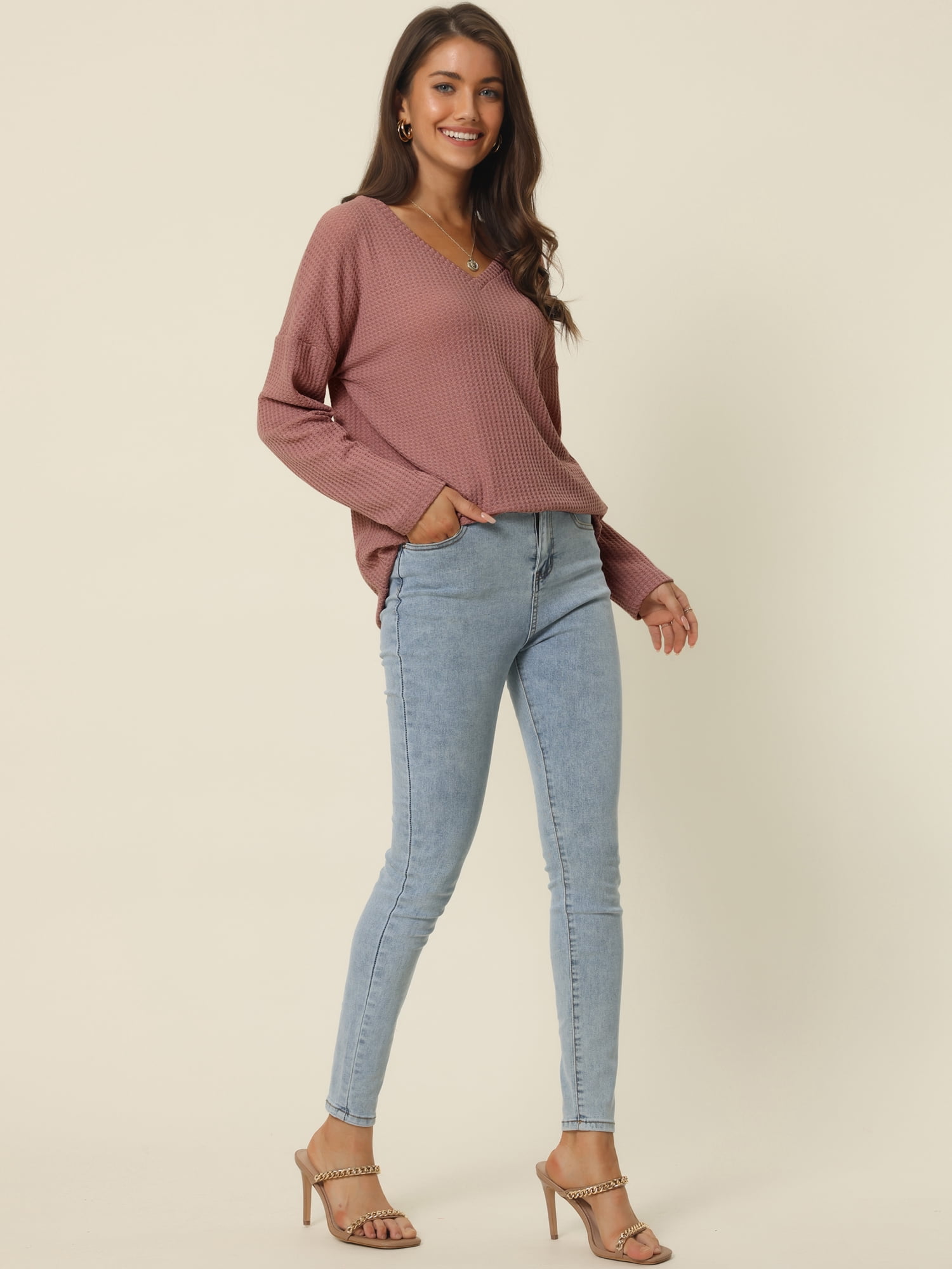 Women's Waffle Knit V Neck Long Sleeve Casual Blouse Lightweight Top L Brick Red