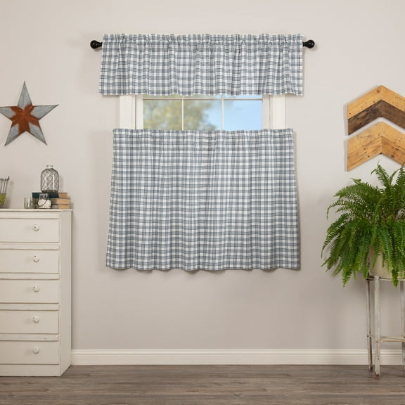 VHC Brands Sawyer Mill Blue 3 PC Plaid Curtain Set (1 Valance 16x72 and 2 Tier 36x36)