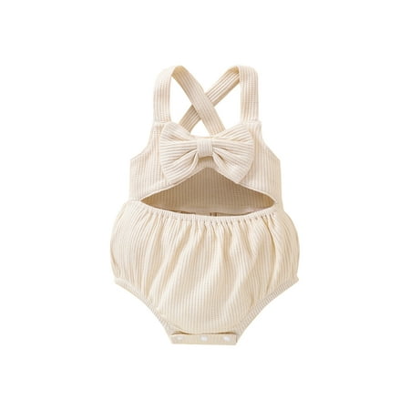 

Canrulo Newborn Baby Girl Summer Waffle Onesies Sleeveless Strap Romper Baby Summer Bowknot Bodysuit Apricot 3-6 Months