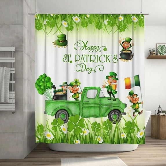 JOOCAR St. Patrick's Day Shower Curtain, Green Clover Shamrock Shower Curtain Golden Coins Leaf Cloth Bath Curtains Irish Gnome Elf Shower Curtain Spring Holiday Shower Curtain Set with Hooks 72X72IN