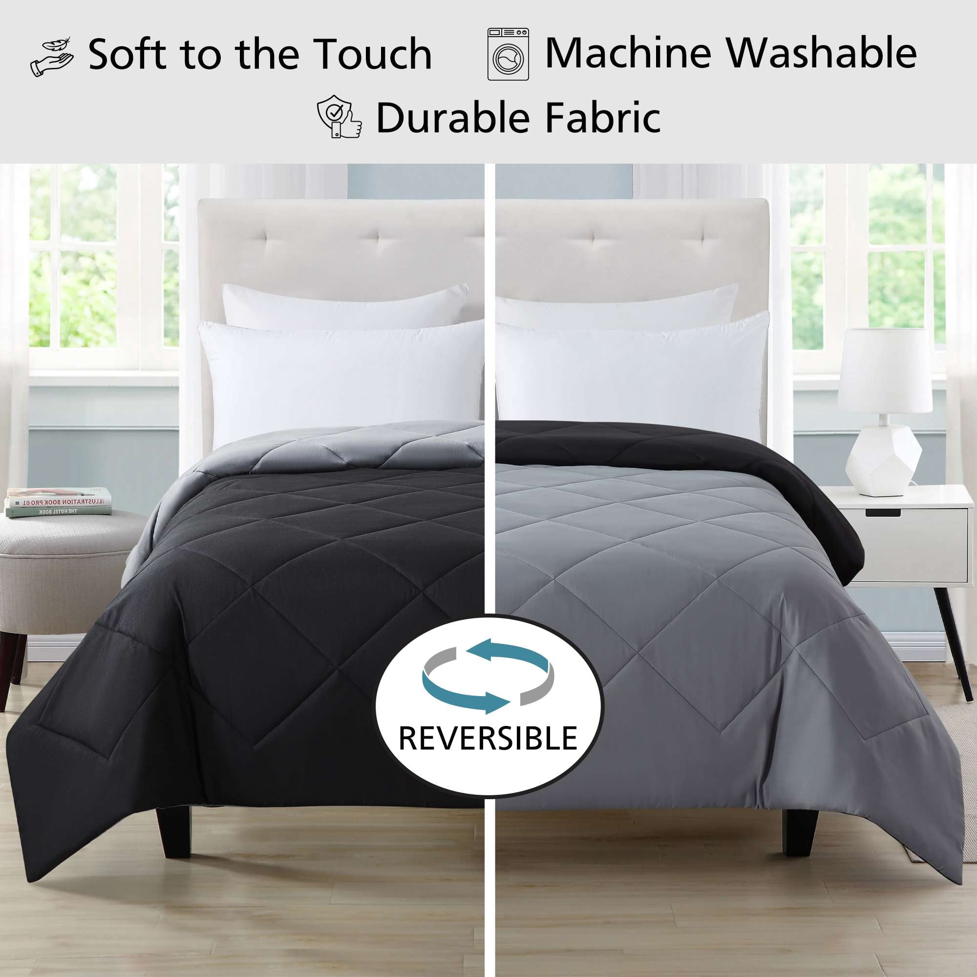 Mainstays Reversible Microfiber Comforter, Black, Full/Queen