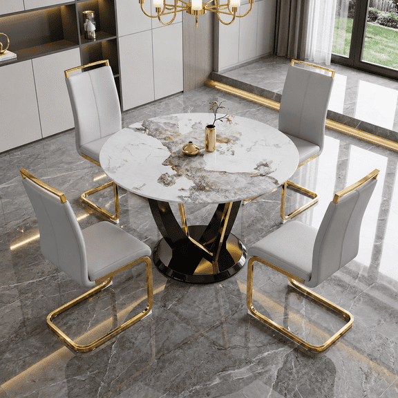 StnTalk Modern Round Dining Table Set for 4, 48" Kitchen Dining Room Table with Faux Marble Stone Top and 4 PU Leather Chairs, Stylish Round Kitchen Table Set with Metal Frame