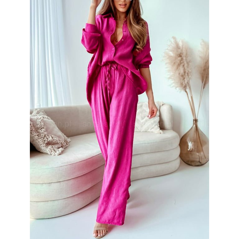 Women 2 Piece Pleated Pants Set Oversized Button Down Shirt High Waist  Pleated Wide Pants Outfits Streetwear 
