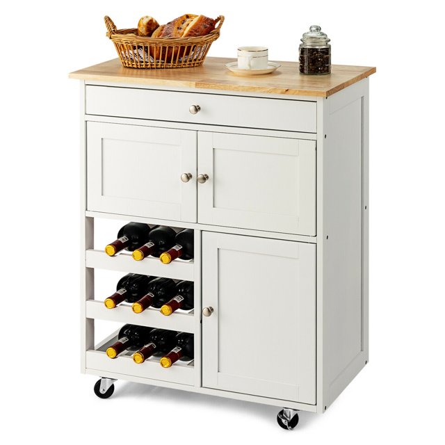 Gymax Rolling Kitchen Island Serving Cart Storage Cabinet w/ Wine Rack White