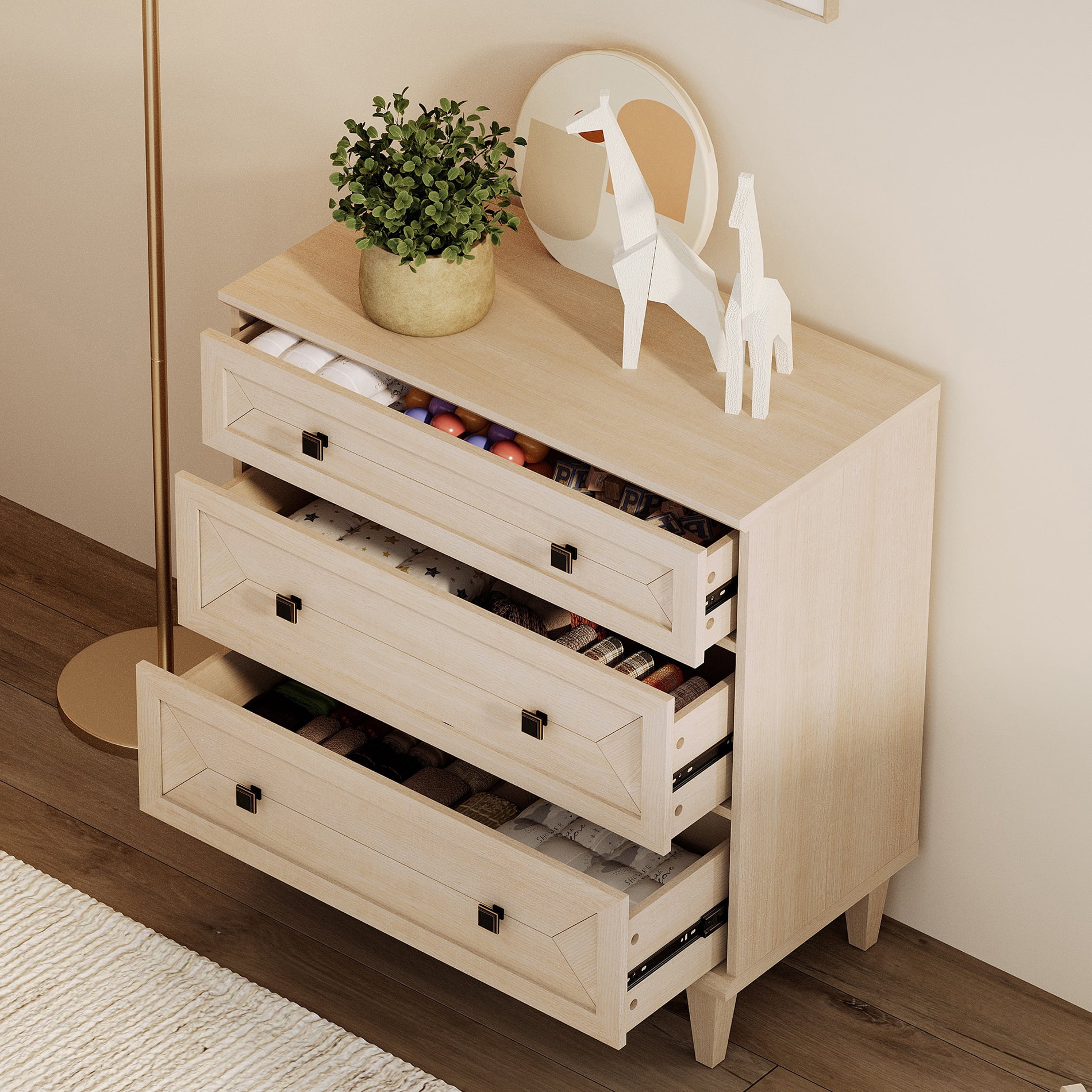 WAMPAT Handmade Patchwork 31.5" TV Stand with 3 Drawers, Fits up to 36" TV, Beige