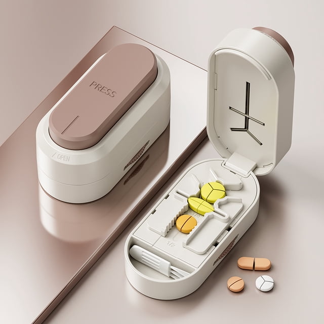 3-in-1 Pill Cutter & Grinder with Stainless Steel Blade, Portable Tablet Splitter & Medication Storage Organizer BoxWalmart,Coffee-3 in 1