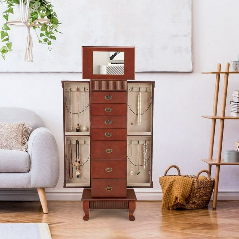 AVAWING Walnut Jewelry Cabinet Flip Top Mirror 7 Drawers 12 Hooks Store Glamour Wood Female