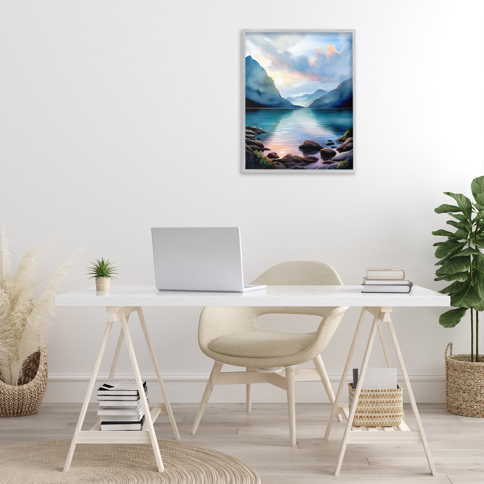 Stupell Industries Rocky Mountain Beach Landscape Painting Gray Framed Art Print Wall Art, 24 x 30