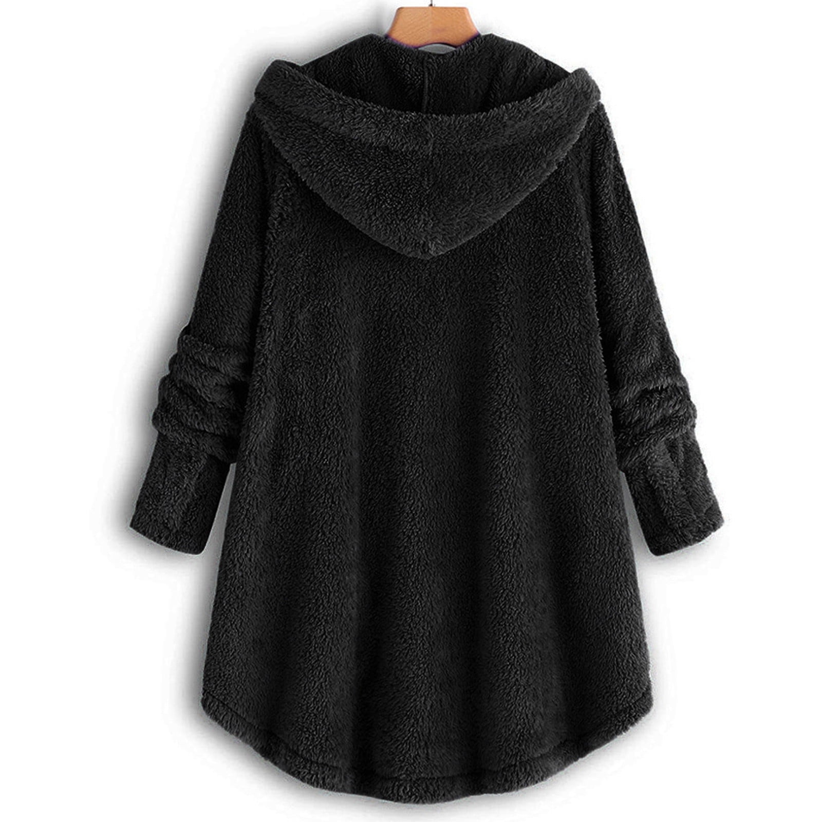 Winter Coats for Women with Hooded Plus Size S-5X Fleece Casual Long Sleeve Button Up Jackets Solid Warm Wool Irregular Hem Outerwear