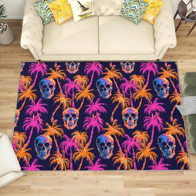 3x5 Rug, Skull Door Mat, Tropical Palm Tree Rug, Neon Gothic Skeleton Rugs for Entryway, Washable & Non Slip & Soft Low Pile Small Carpet, Indoor Doormat, Skull Home Decor & Gifts
