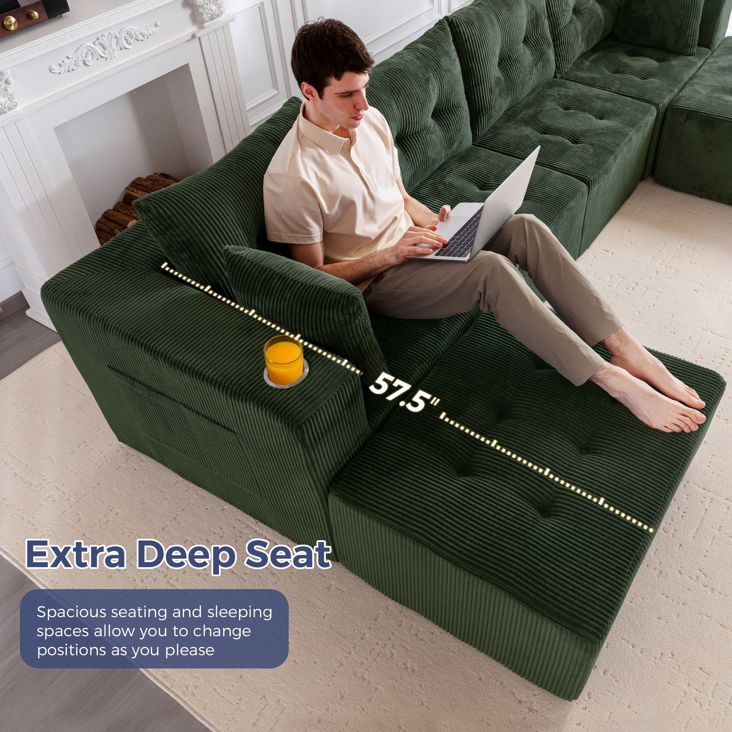 BYBYME Cloud Sectional Couch with U-Shape Chaise Modern Comfy Modular Corduroy Sofa for Living Room,Tufted 6-Seat Sleeper Chair with 2 Ottoman,Sofa in A Box,No Assembly Required,Green