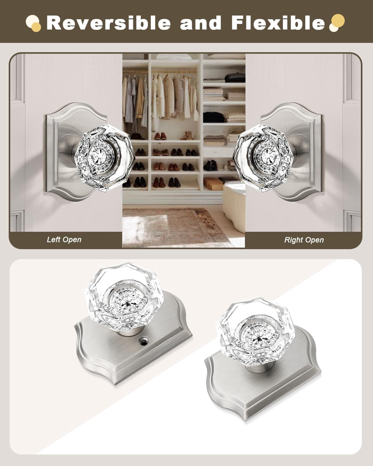 --2 Pack Clear Crystal Door Knobs,Diamond Glass Passage Door Handle Knob for Closet Hallway,Antique Keyless Interior Door Locks with Satin Nickel Rosette