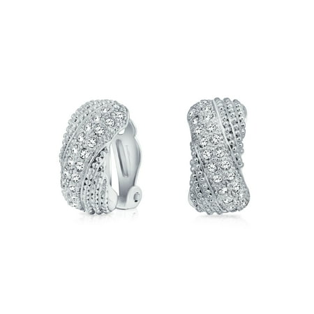 - Bridal Prom Criss Cross Twisted Row Pave Crystal Dome Half Hoop Clip On Earrings Non Pierced Ears Silver Plated Brass