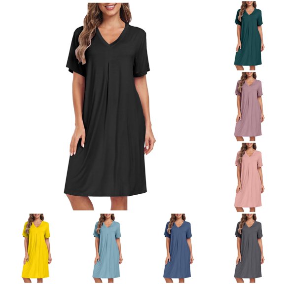 XIAONU Womens V Neck Nightgown Short Sleeve Loose Midi Dress Sleep Home Garment