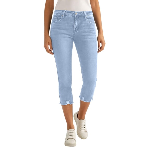 ADSSDQ Jean Capri Pants for Women High Waisted Ripped Jeans Stretchy Denim Capris Cropped Legging with Pockets Light Blue L