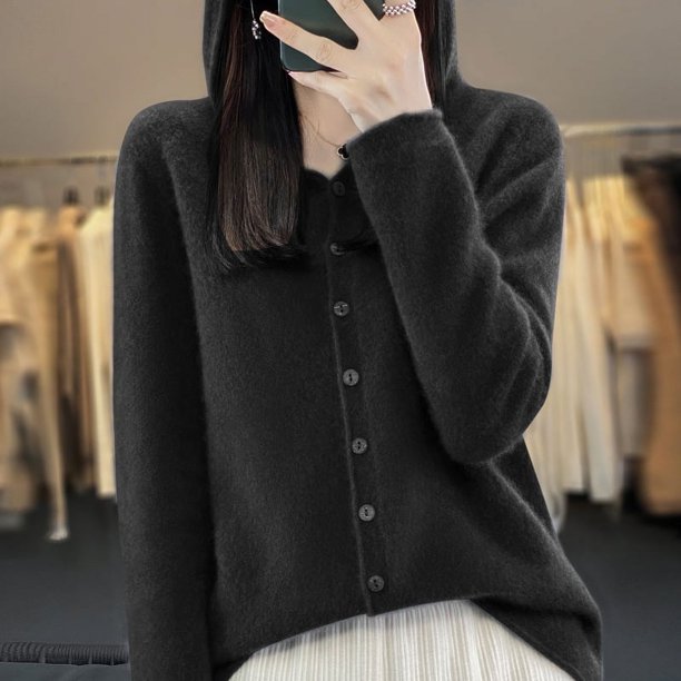 Chaqueta tipo suéter de cachemira con capucha y sin costuras confeccionada para mujer de pura lana merino australiana