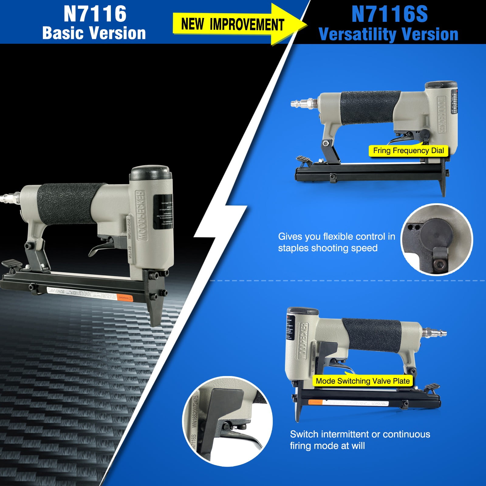 Woodpecker N7116 22 Gauge Pneumatic Upholstery Staple Gun, 3/8-Inch Crown Air Power Fine Wire Staple Gun, 1/4-Inch to 5/8-Inch Leg Length 71 Series