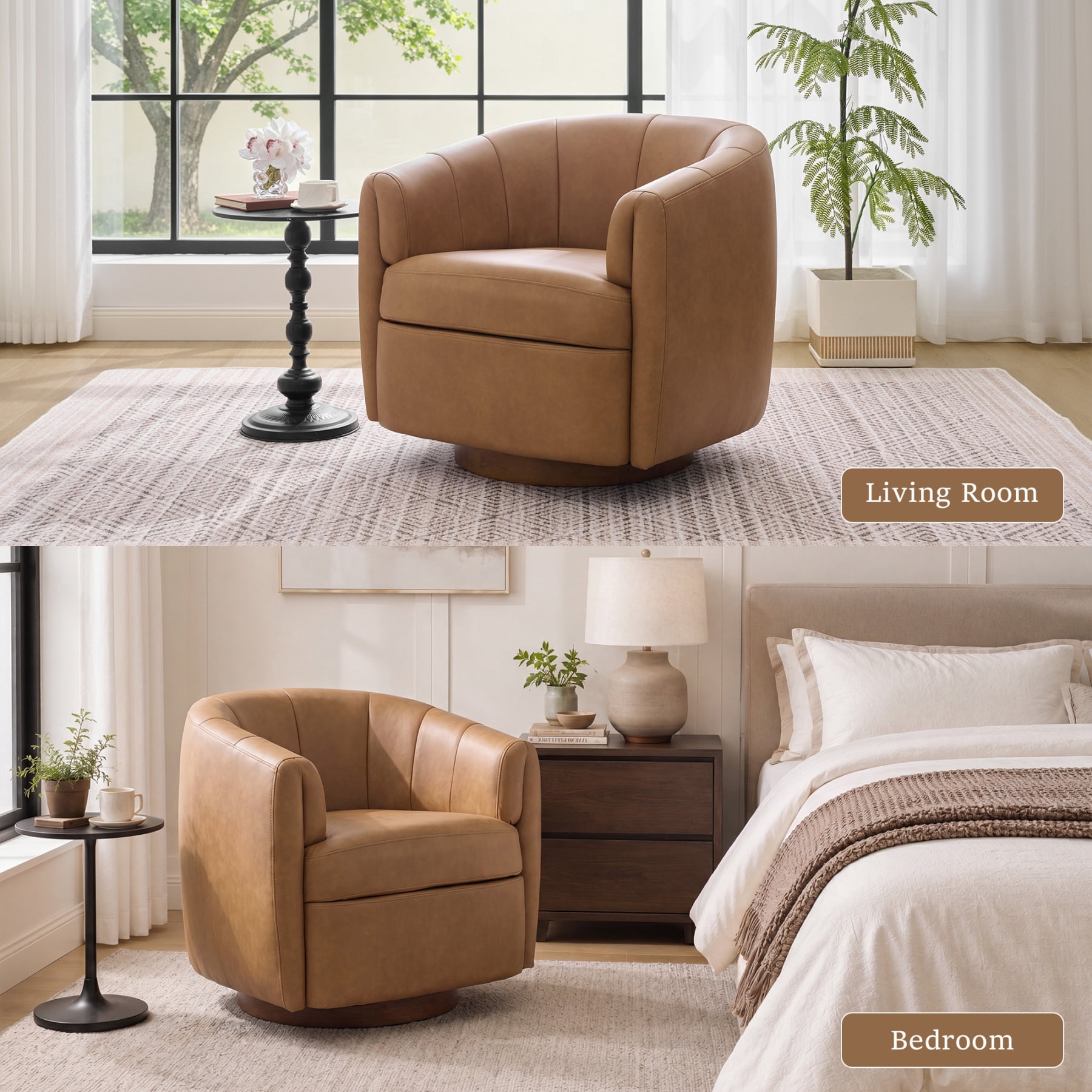 Leumius PU Leather Swivel Accent Chair, Upholstered Armchair with Solid Wood Base,Comfy Reading Chair With Curved Thickened Backrest,Camel PU