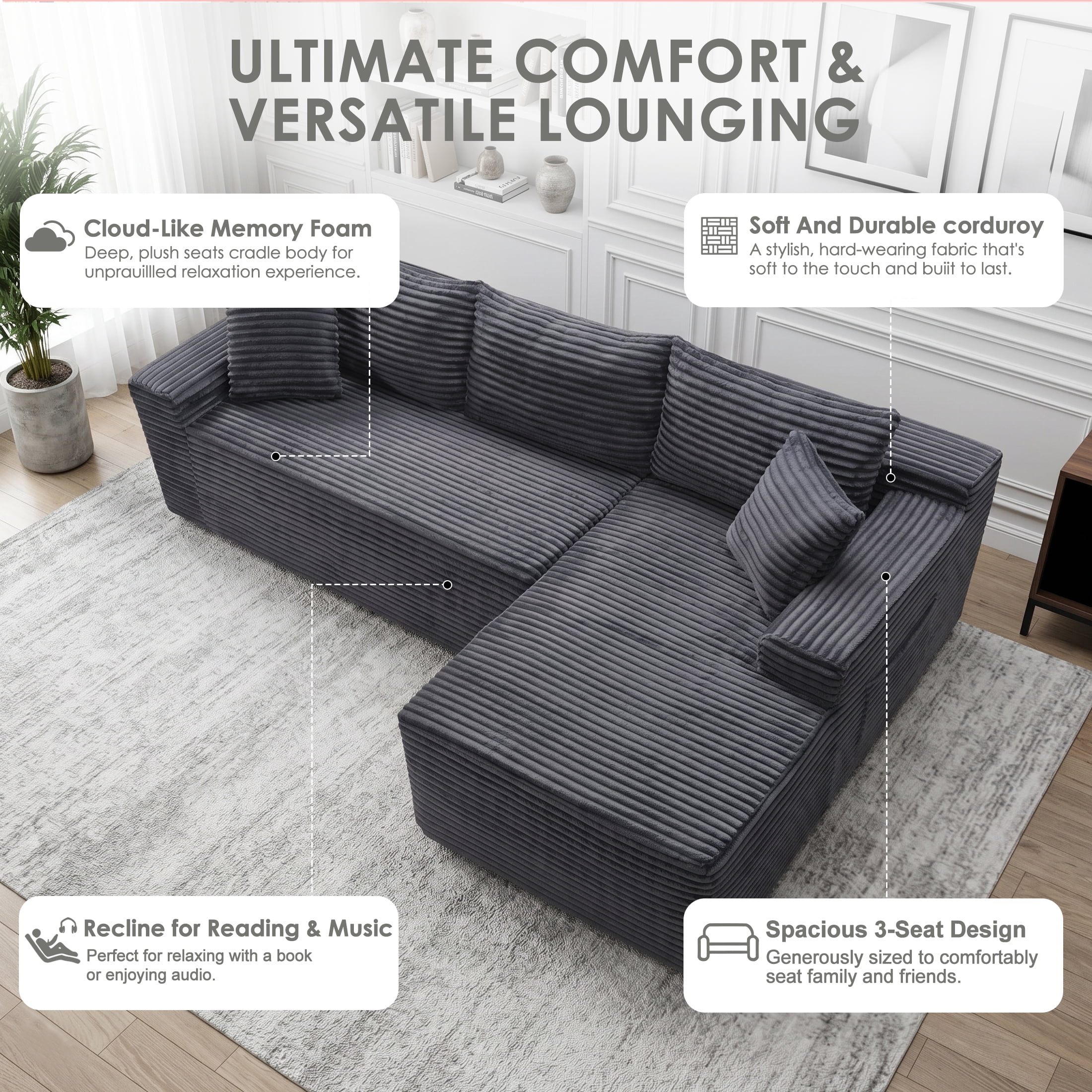 Xiweot 106" Modular Cloud Couch Sectional Sofa for Living Room, Modern Corduroy Boneless Couch with Side Pockets, Upholstered Deep Seat L Shape Sofas, No Assembly Required, Gray