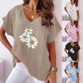 thumbnail image 1 of Fiudx Ofertas Flash Del Día Solo En Línea Camiseta de Manga Corta con Mangas Informales de Algodón y Cáñamo con Cuello En V y Estampado de Girasoles para Mujer, 1 of 5
