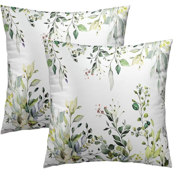 Green Eucalyptus Throw Pillow Covers 16X16 Inch Set of 2 Sage Leaves Decorative Square Cushion Pillowscase for Bedroom Home Sofa Couch