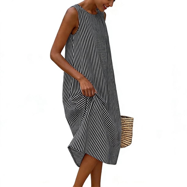 black white vertical striped dress Blue Zone Planet No Stretch Closure Type Line Dress Black And White