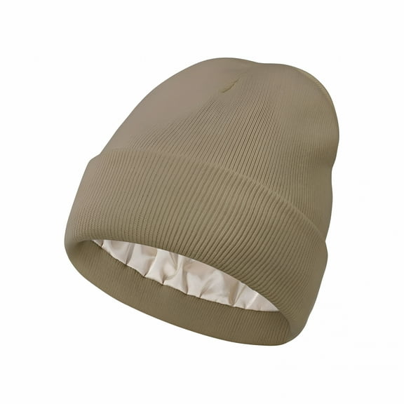 TELOLY Women Satin Lined Knit Beanie Hat Winter Hats for Women Men Silk Lining Soft Slouchy Warm Cuffed Beanie Hat (Khaki)
