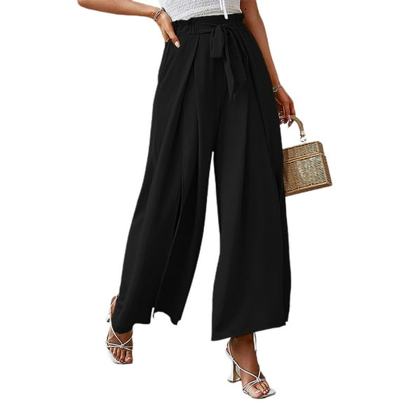 Lu's Chic Women's Palazzo Pants Wide Leg Split Slit Casual Pants Summer High Waisted Lightweight Elastic Waist Trousers Tie Knot Black X-Large