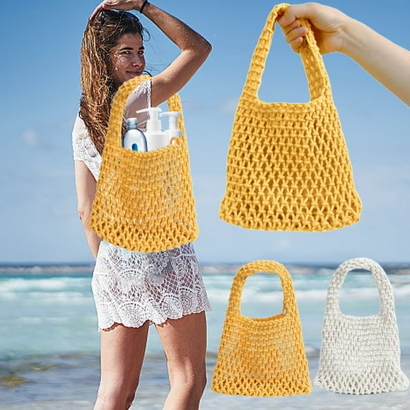 Bolso de mano de cuerda de malla tejida a mano para mujer | Bolso Tote Color Caramelo | Bolso de playa de punto de ganchillo hueco | Accesorio casual boho para vacaciones de verano | Amarillo Blanco