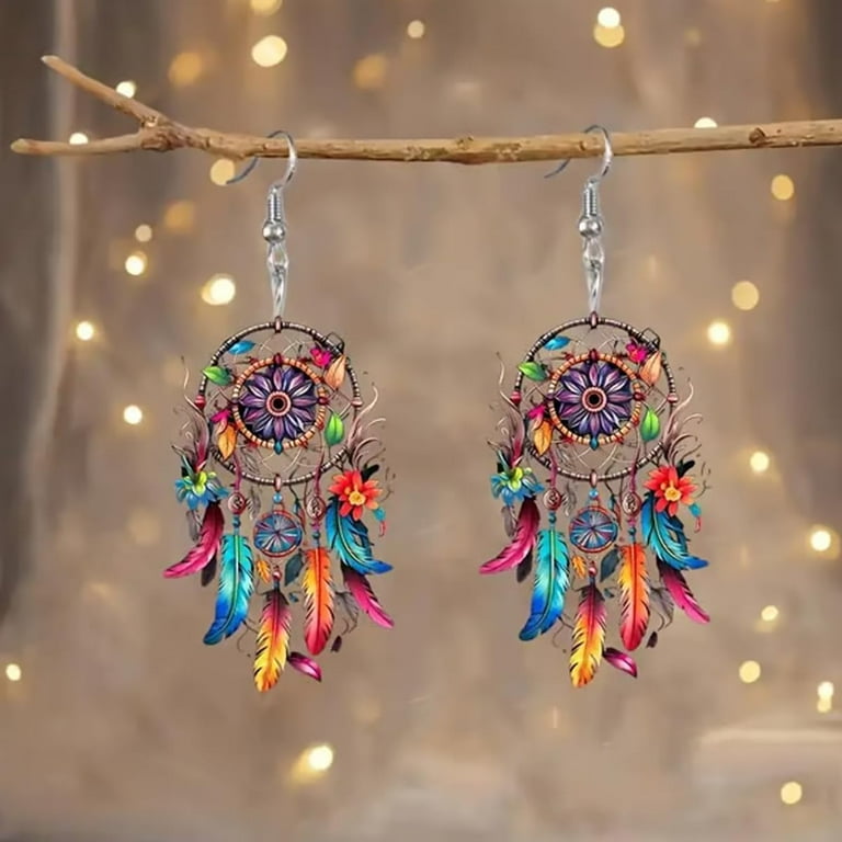 Boho Dreamcatcher Feather Earrings, Acrylic Bohemian Feathers and