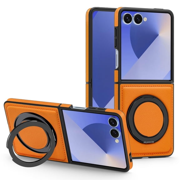 ELEHOLD Leather Case for Samsung Galaxy Z Flip8,Strong Magnetic Compatible with Mag Safe 360 Rotation Ring Kickstand Function Anti-Scratches Protective Cover,Orange