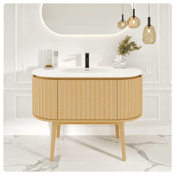 Eviva Haven 39"W x 22"D Oak Freestanding Bathroom Vanity with White Solid Surface Integrated Sink Top