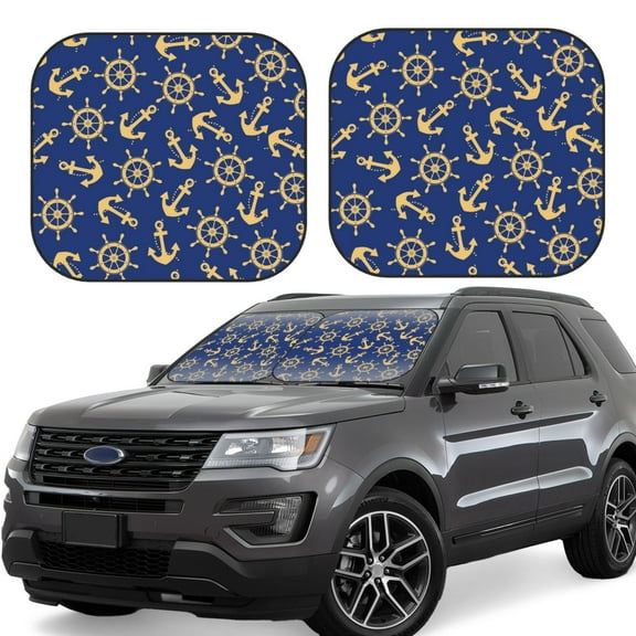 Naloa Anchors and Nautical 2 Piece Foldable Car Sun Shades, Car Windshield Sunshade, Front Window Sunshade for Car, Truck, SUV - Small