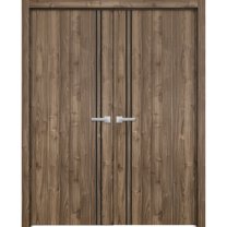 Solid French Double Doors 60 x 96 inches | Planum 0016 Walnut with Frosted Glass | Wood Solid Panel Frame Trims | Closet Bedroom Sturdy Doors