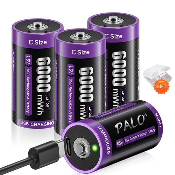 Palogreen 4 Pack Rechargeable C Batteries 1.5V Type-C USB High Capacity C Size Rechargeable Lithium Battery 6000mWh with Battery Case