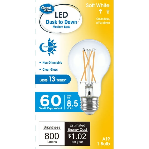 Great Value A19 LED 8.5W (60W Equivalent) Soft White Dusk to Dawn E26 Medium Base Light Bulb