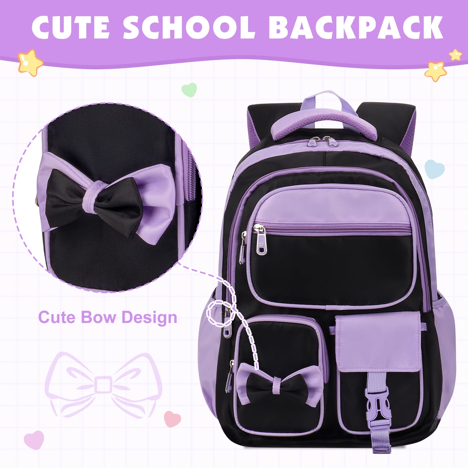 DAKIMOE School Backpack for Teens Cute Girlish Middle High School Bookbag Large Capacity Lightweight Waterproof Daypack for College Students, Black and Purple
