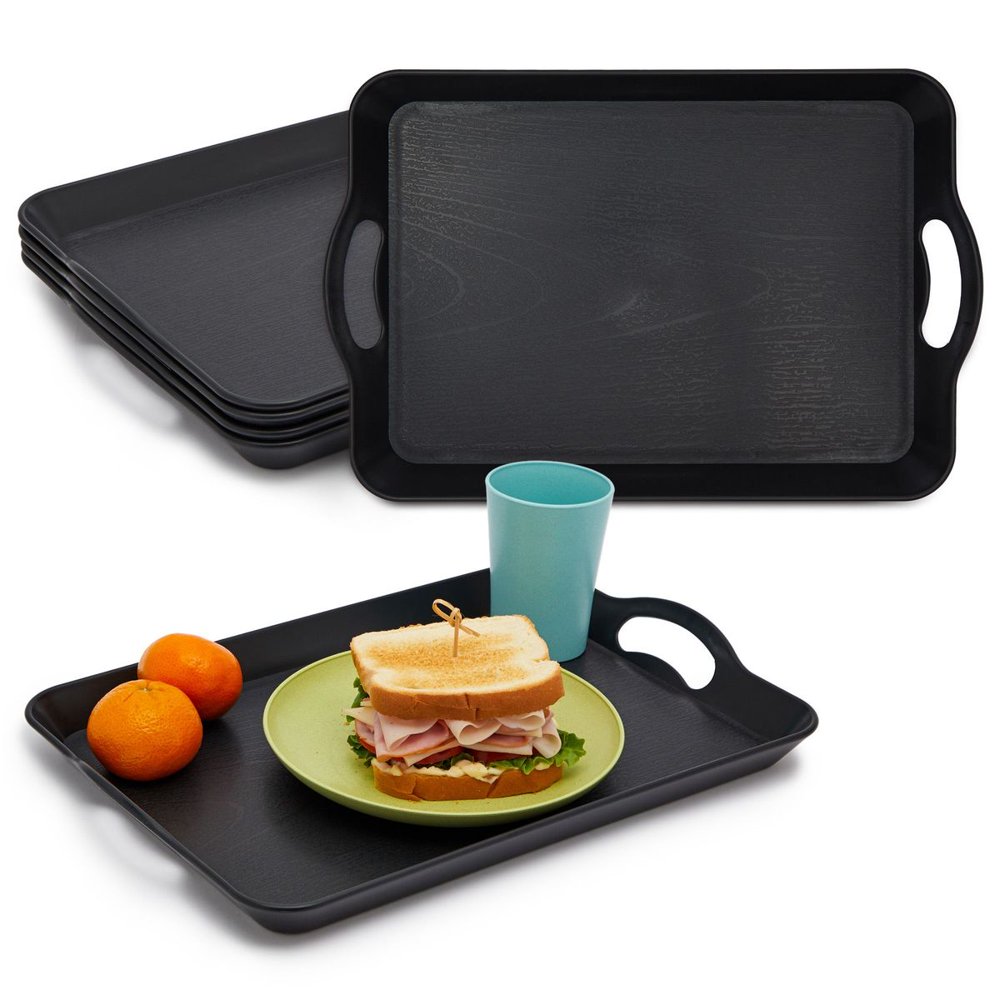 4 Pcs Black Plastic Serving Trays with Handles or Party Platter