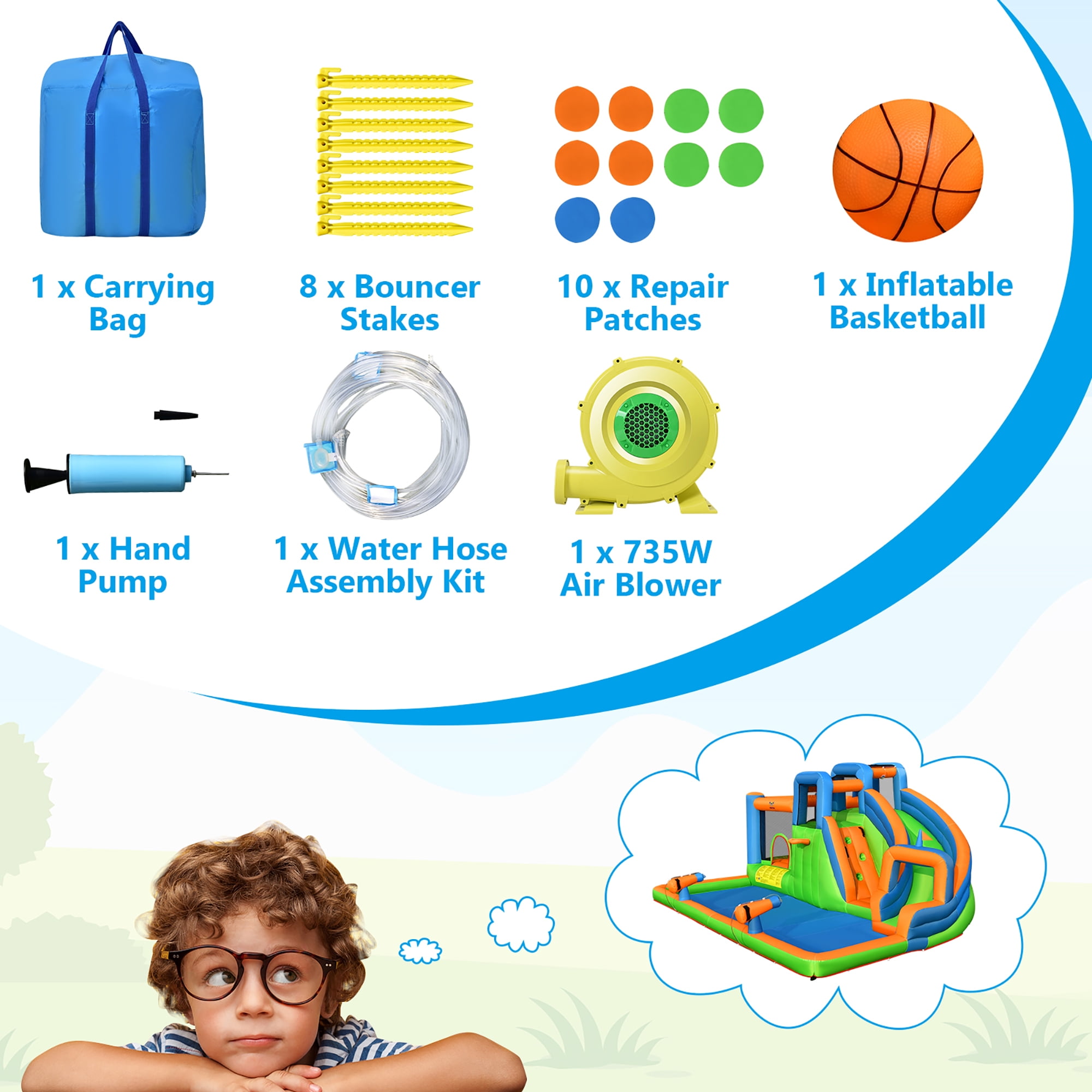Gymax Inflatable Water Slide Giant Bounce Castle w/ Dual Climbing Walls & 735W Blower