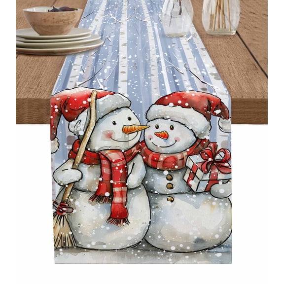 Blue Christmas Snowman Burlap-Cotton Table Runner 72 Inches Long,Xmas Tree Snowflake Farmhouse Table Runners,Outdoor Dining Tablecloths Decor for Baby Shower/Party/Wedding 16x72