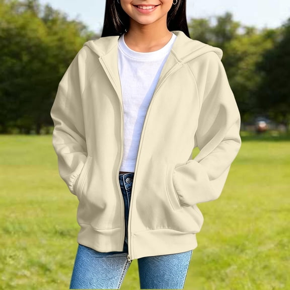 SDNall Girls Youth Full Zip Long Sleeve Outerwear Coats, Solid Color Oversized Relaxed Fit Hoodie, Fall Winter Everyday School and Outdoor Casual Jacket 5-15 Years