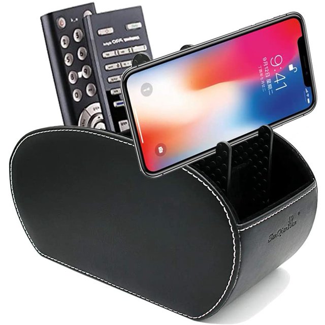 Remote Control Holder Table Organizer with Phone Pad Support Upgrade Size Stable PU Leather Control Caddy Storage TV Remote Control Organizer with 5 Spacious Compartments (Black with Support)