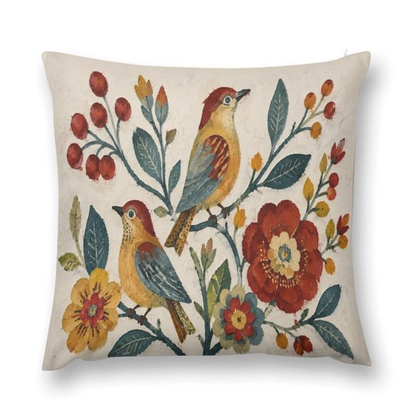 Patifu Two Red Head Birds Floral Branch Art Decorative Pillowcase, Sofa, Bedroom, and Living Room Holiday Season Home Decor Cushion Cover,