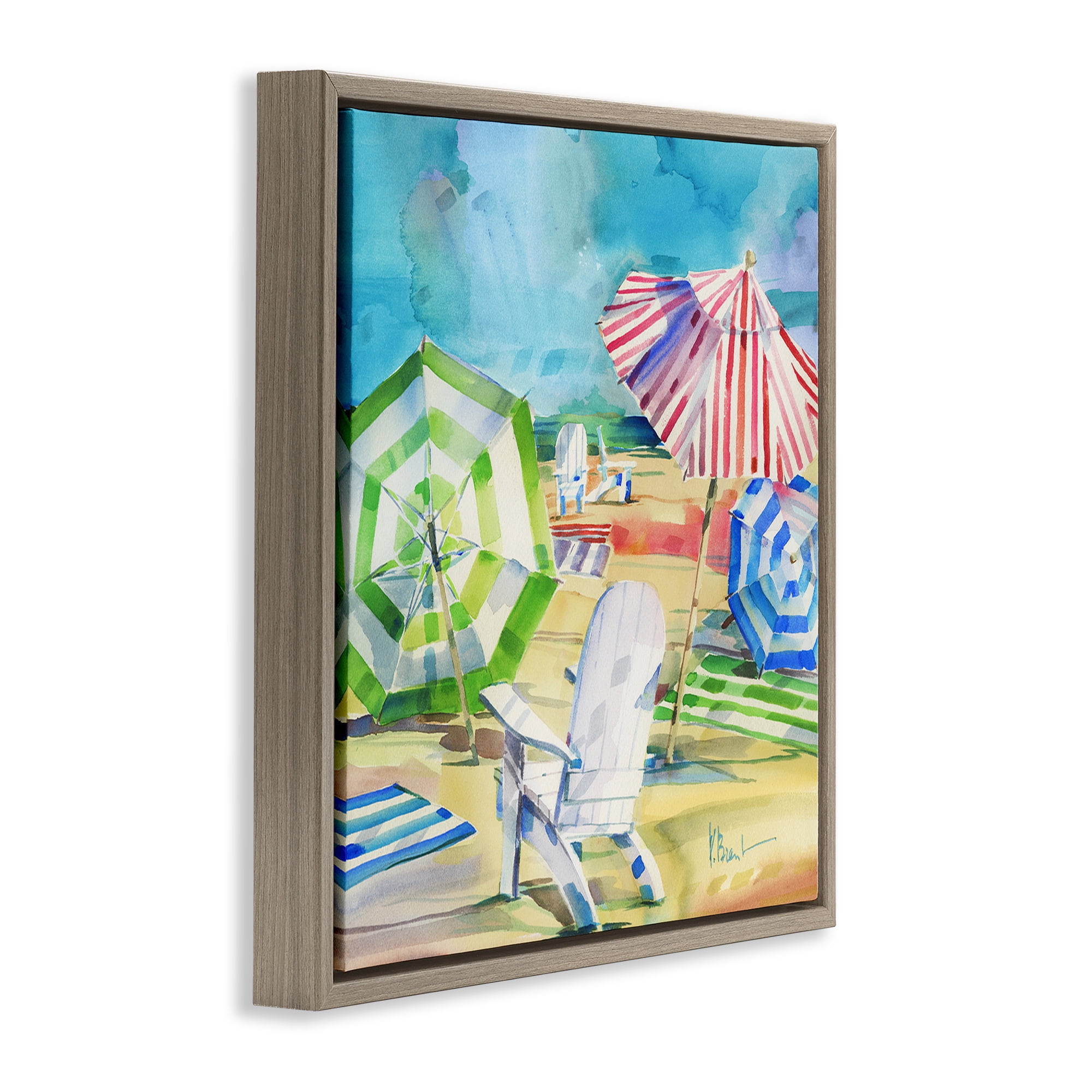 Stupell Industries Ventura Beach Umbrellas Brown Framed Floater Canvas Wall Art, design by Paul Brent
