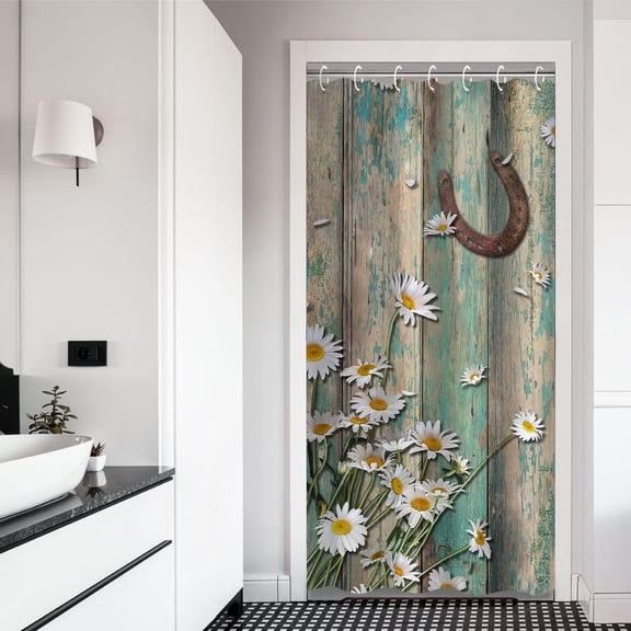 Rustic Shower Curtain, Farmhouse Shower Curtain, Country Shower Curtain, American Western Style Horse Daisy in Teal Brown Barnwood, 36"Wx72"H in Shower Curtain with 12 Hooks Retro Bath Decor
