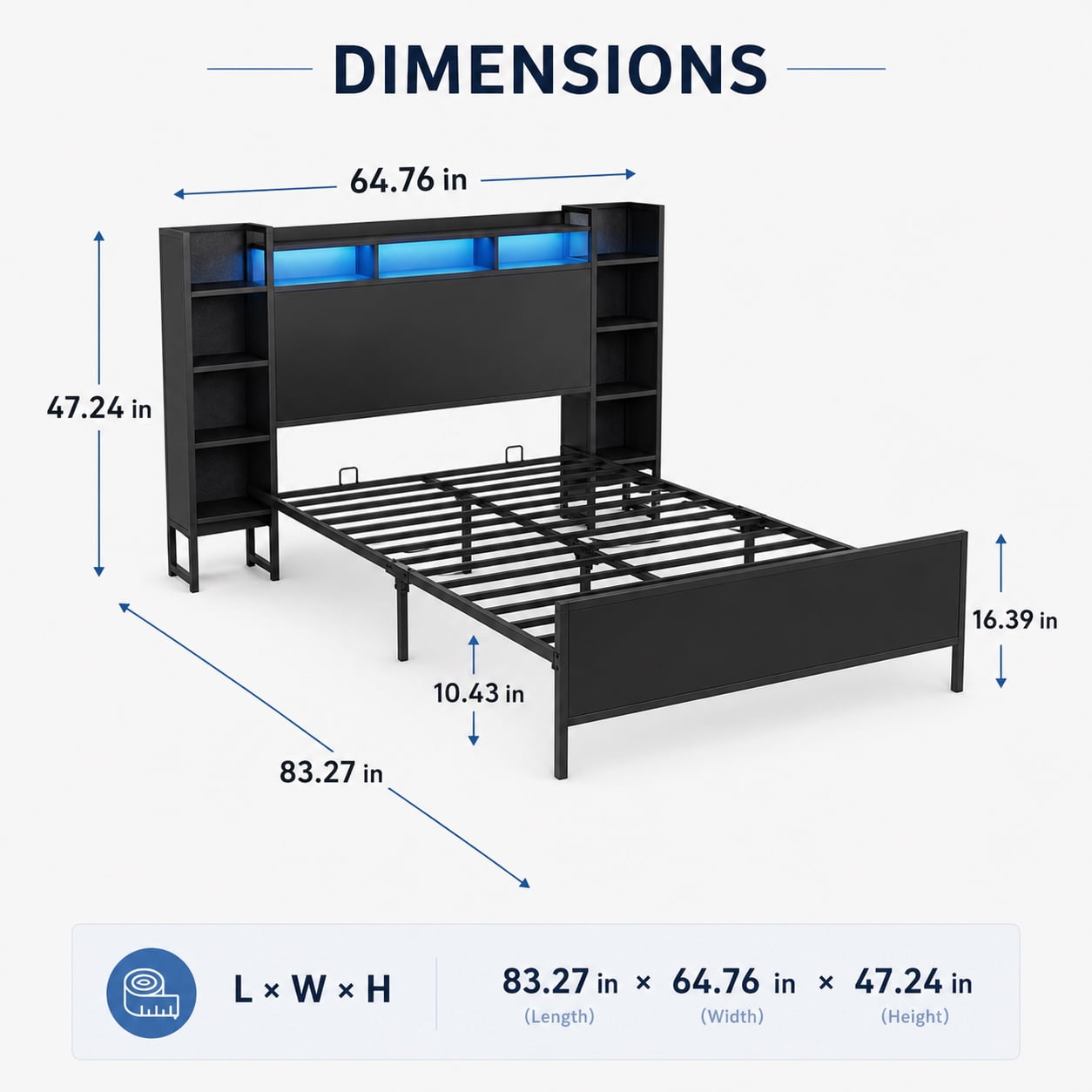 Miniyam Twin Platform Bed Frame with Bookcase Headboard, Charging Station, LED Lights, Side Storage Shelves, Black