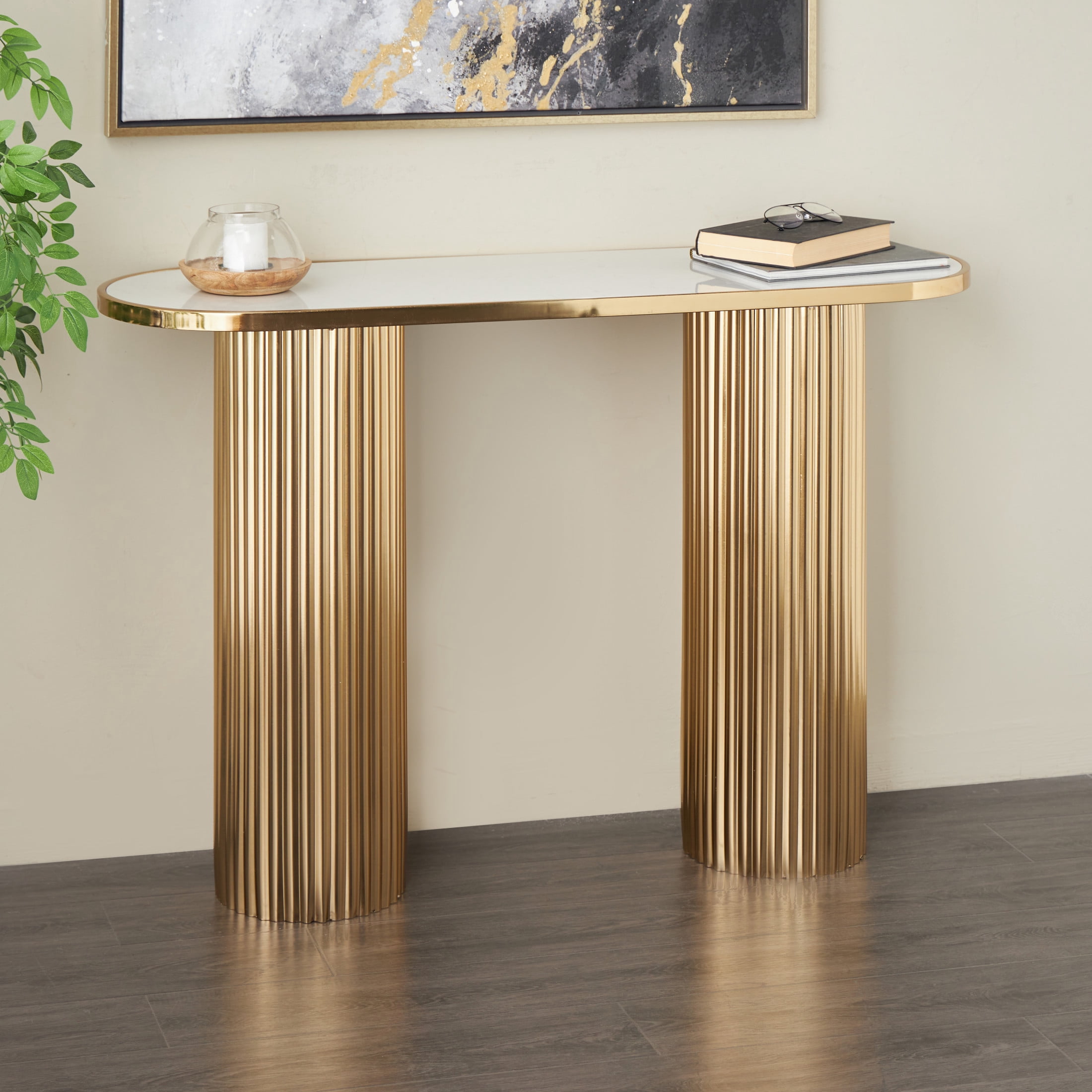 DecMode 47" x 31" Gold Metal Oval Console Table with White Marble Tabletop and Ribbed Legs, 1-Piece