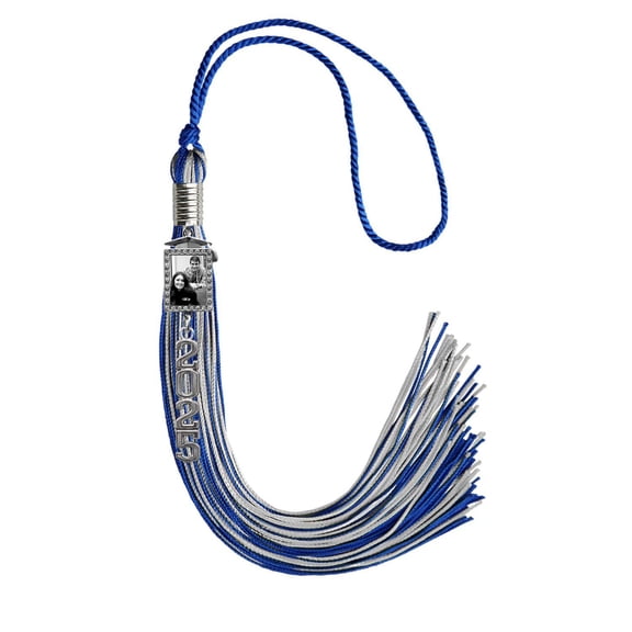 Endea Graduation Royal Blue/Silver Tassel with Photo Frame Charm and Stacked Date Drop