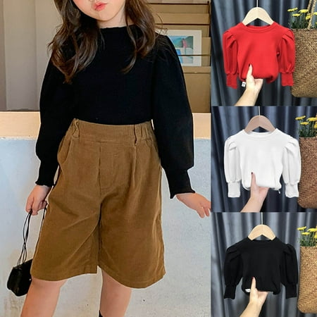 

MyBeauty Baby Girls Rib Long Puff Sleeve Round Neck Spring Autumn Basic Knitted Blouse Red 80 cm