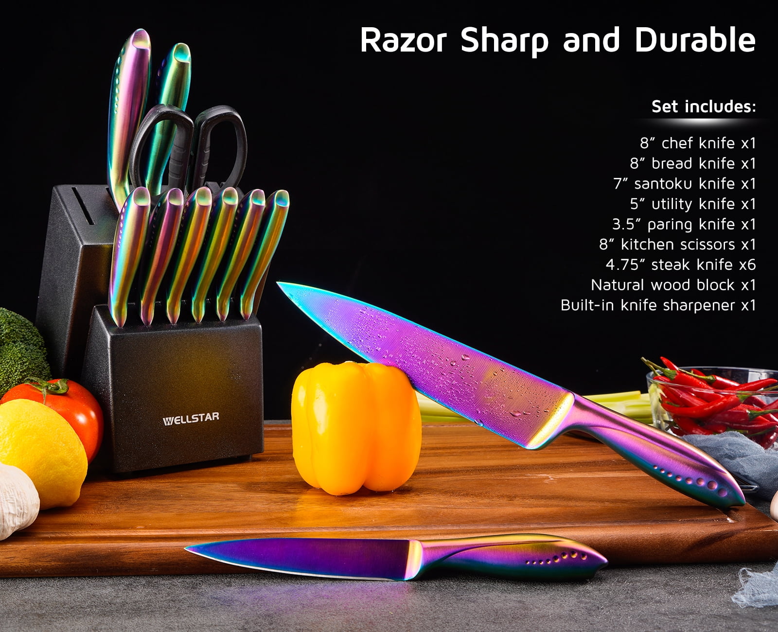 WELLSTAR Kitchen Knife Set 5 Piece, Razor Sharp German Stainless Steel Blade and Comfortable Handle with Rainbow Titanium Coated, Chef Carving Bread